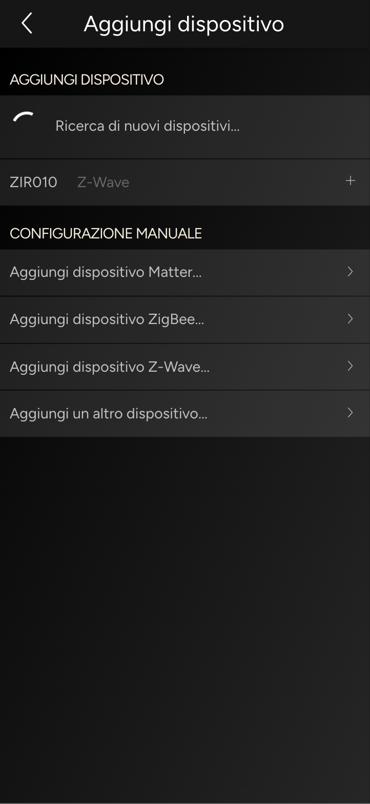 Aggiungi dispositivo con ricerca in corso e le voci Matter, ZigBee, Z-Wave e Aggiungi un altro dispositivo