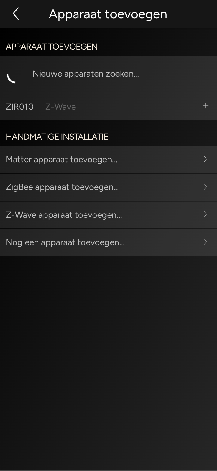 Apparaat toevoegen met lopende zoekactie en de onderdelen Matter, ZigBee, Z-Wave en Nog een apparaat