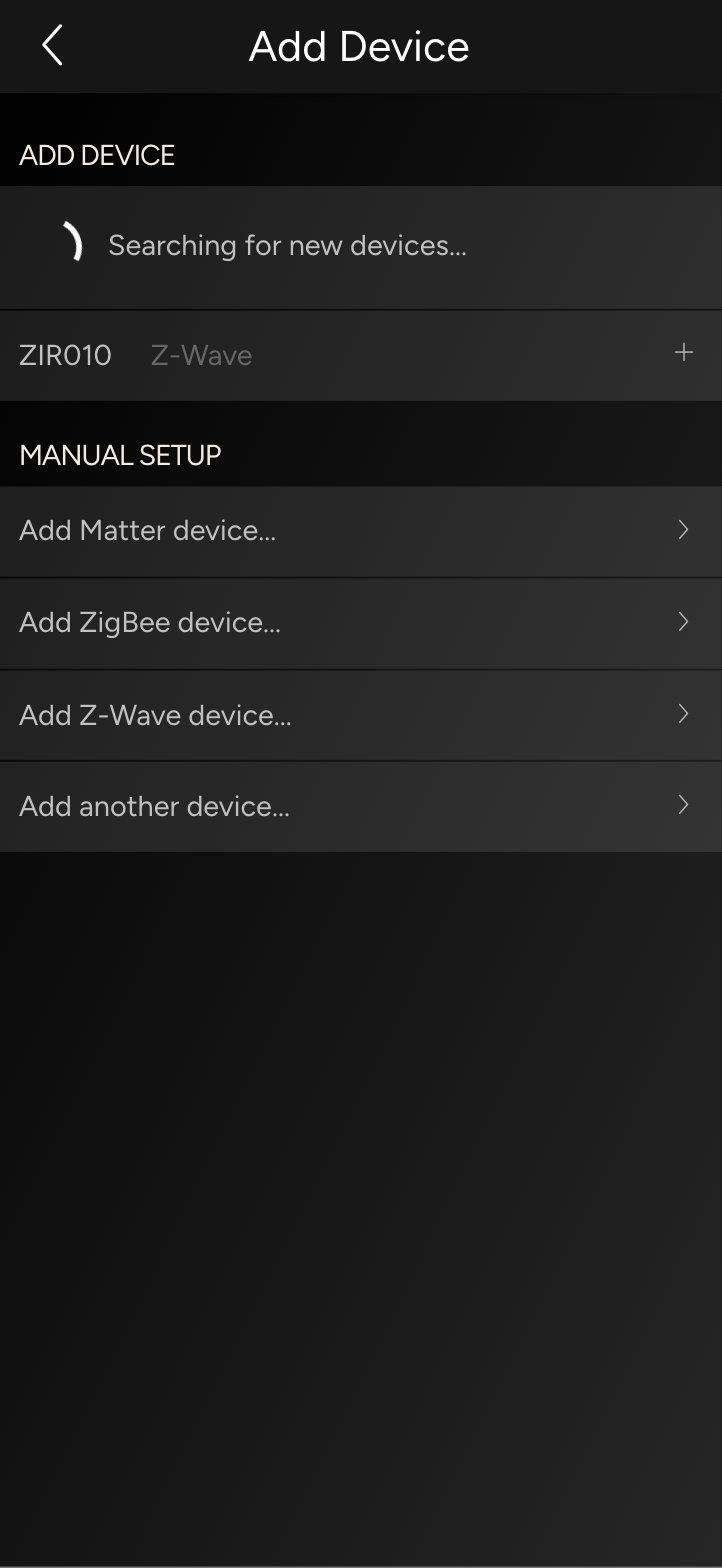 Add Device with a search in progress and the entries Matter, ZigBee, Z-Wave and Add another device
