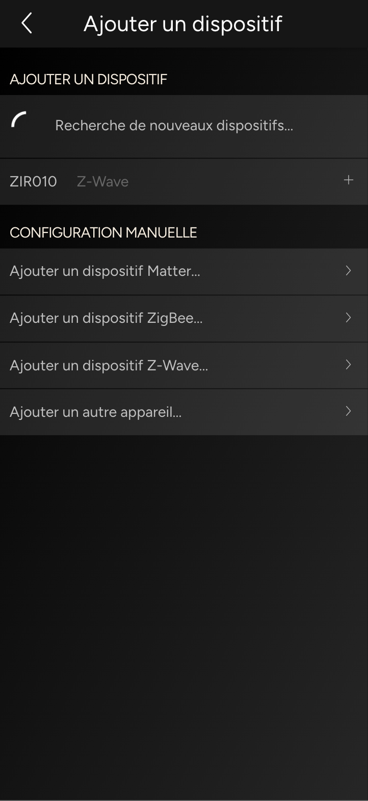 Ajouter un dispositif avec la recherche en cours et les entrées Matter, ZigBee, Z-Wave et Autre appareil