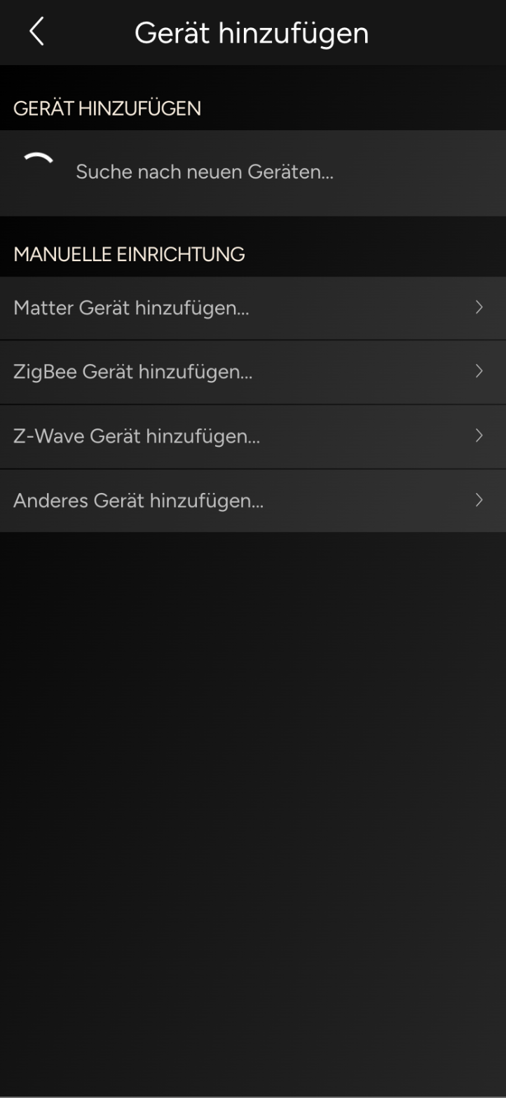 Gerät hinzufügen mit laufender Suche und den Einträgen Matter, ZigBee, Z-Wave und Anderes Gerät