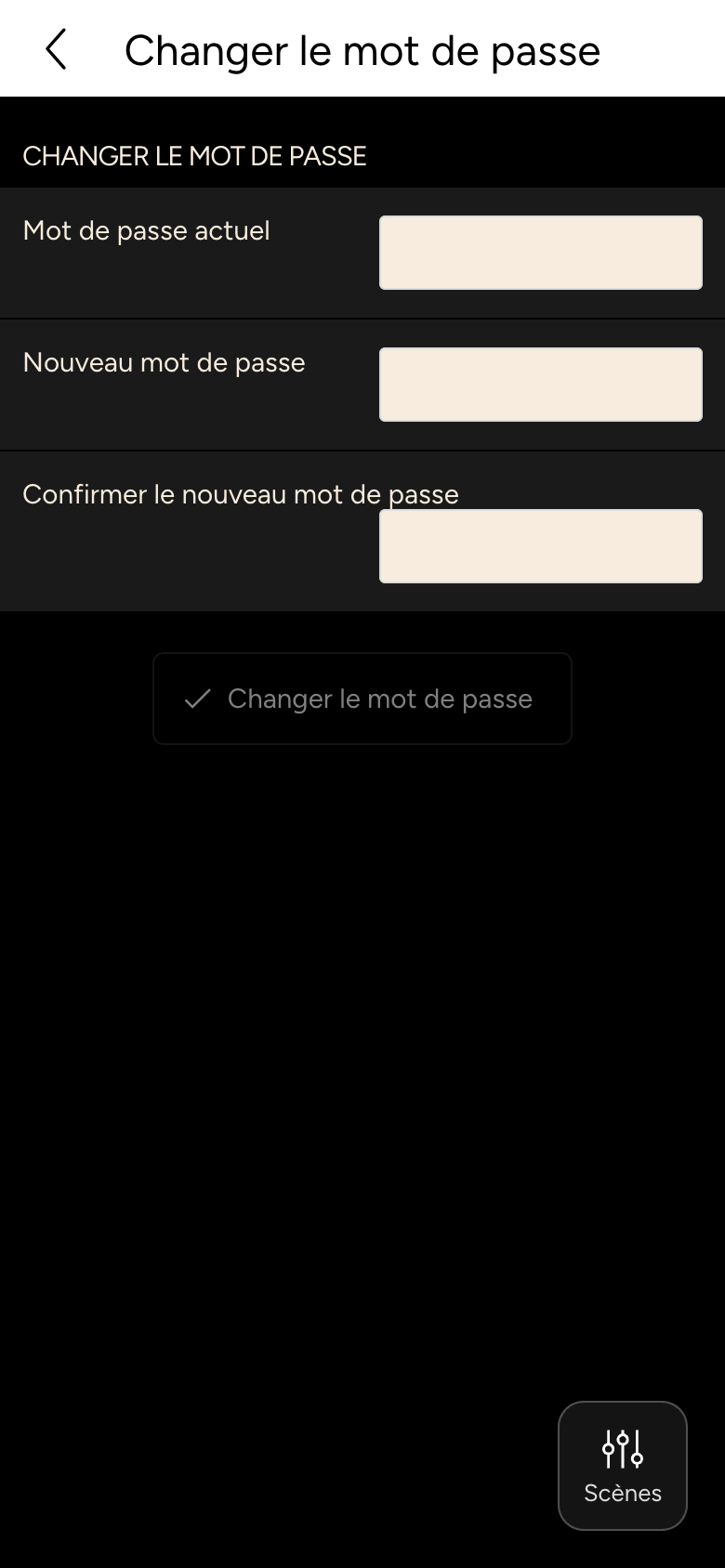 Changer le mot de passe avec Mot de passe actuel, Nouveau mot de passe et confirmation