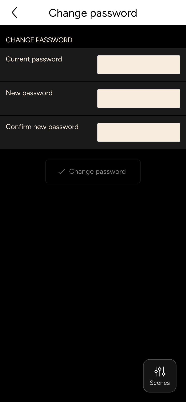 Change password with Current password, New password and confirmation