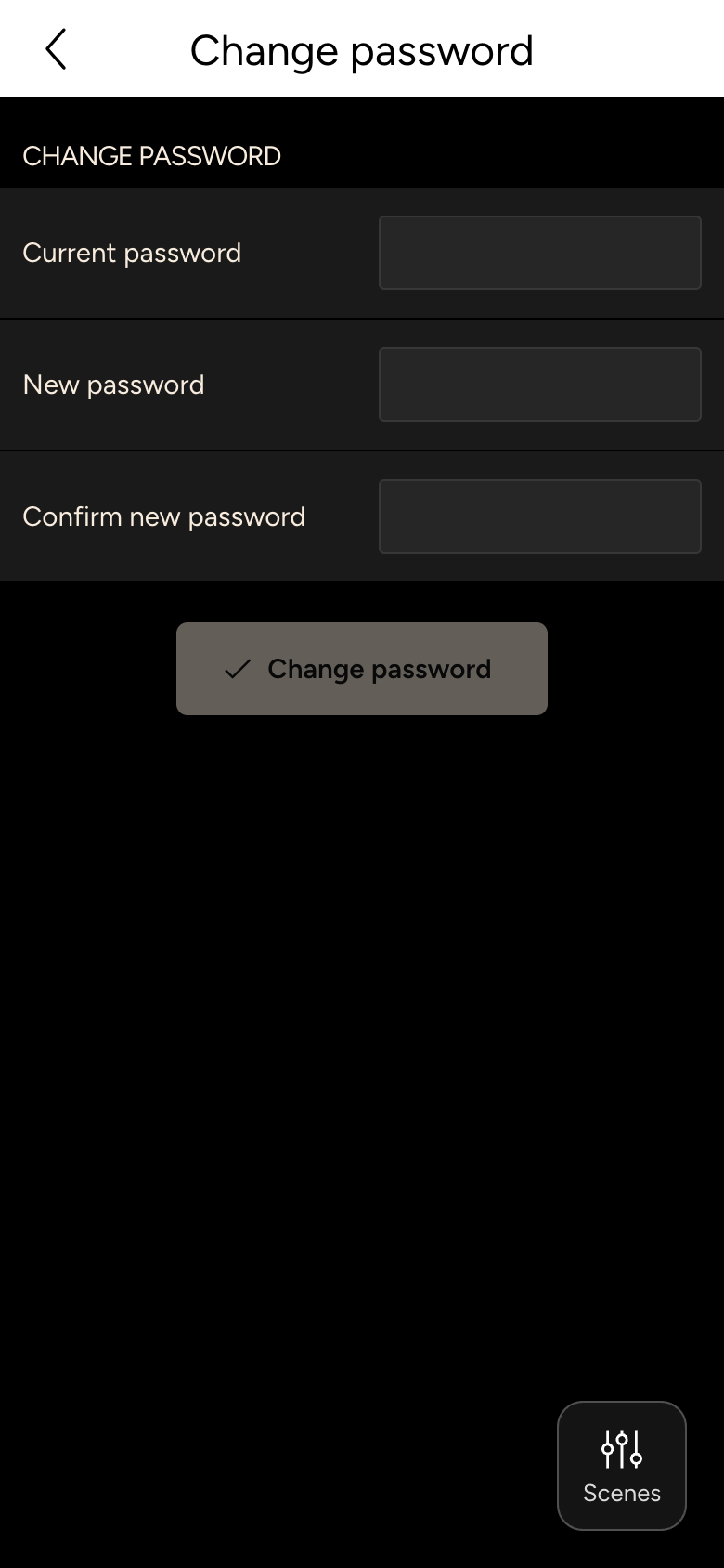 Change password with Current password, New password and confirmation