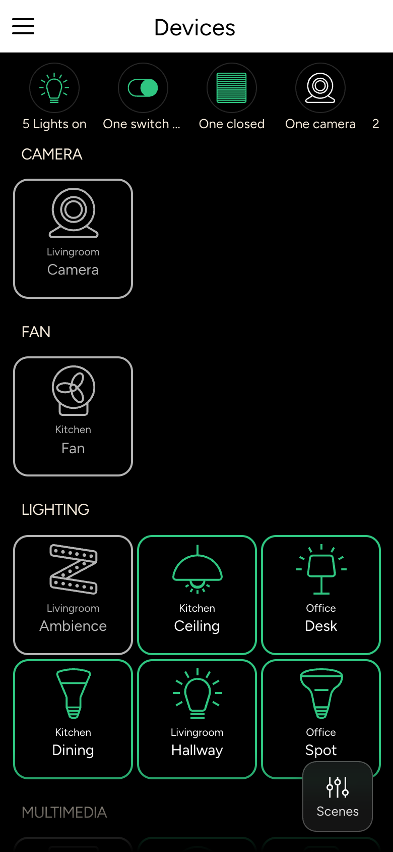 Device list by type: Lighting, Fans, Vehicle, Window Coverings