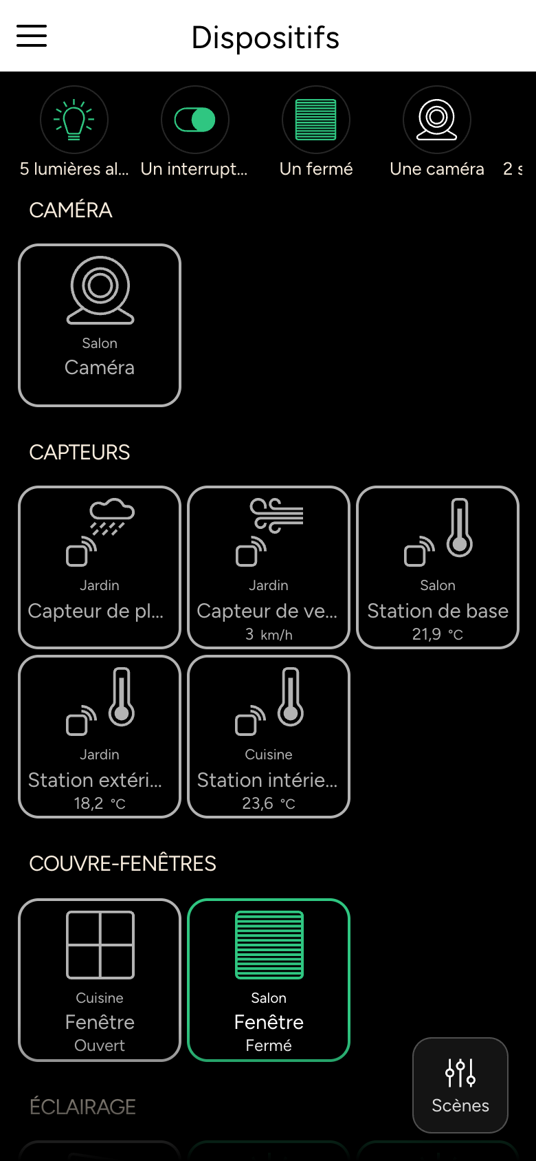 Liste des appareils par type : Éclairage, Ventilateurs, Véhicule, Couvre-fenêtres