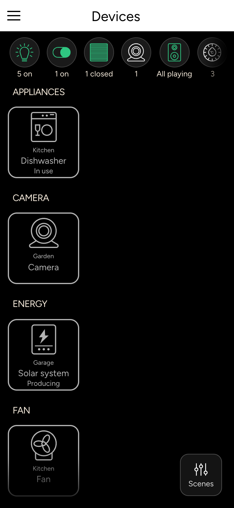 Device list by type: Lighting, Fans, Vehicle, Window Coverings