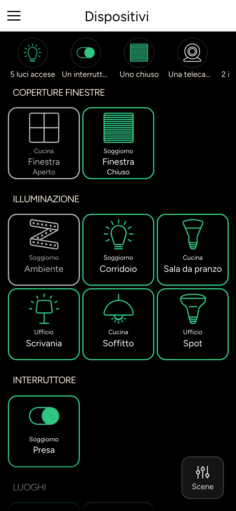 Elenco dei dispositivi per tipo: illuminazione, ventilazione, veicolo, coperture finestre