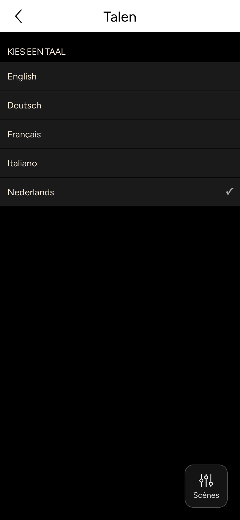Taalkeuze met English, Deutsch, Français, Italiano en Nederlands, Nederlands is geselecteerd