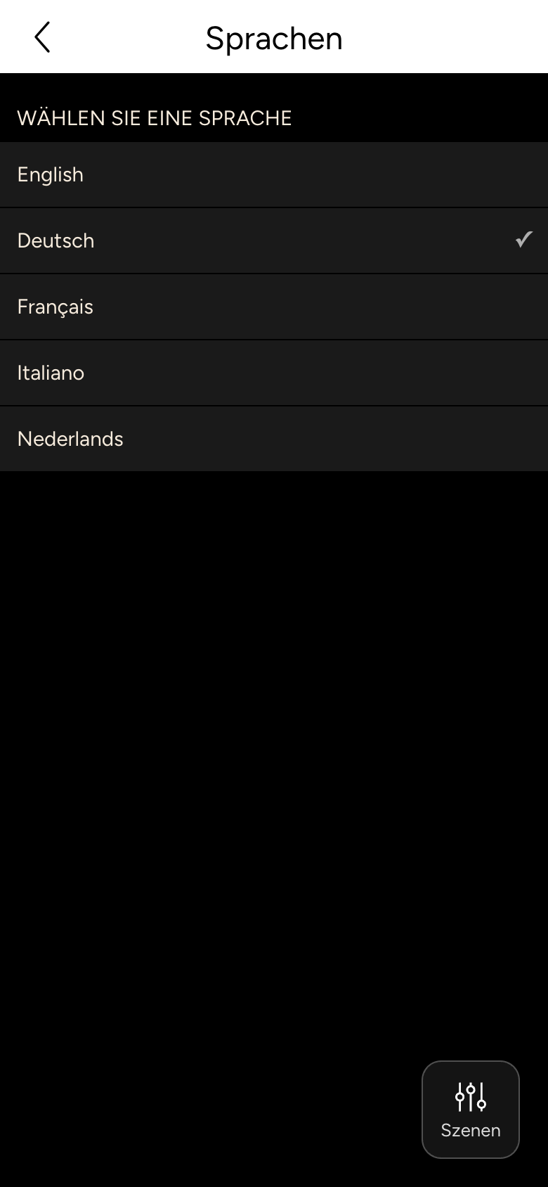 Sprachauswahl mit English, Deutsch, Français, Italiano und Nederlands, Deutsch ist ausgewählt