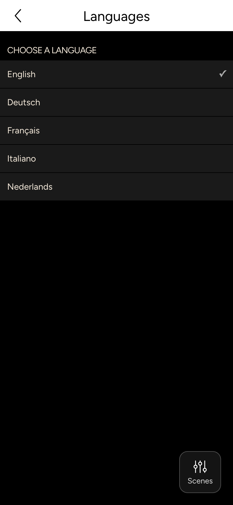 Language selection with English, Deutsch, Français, Italiano and Nederlands, English is selected