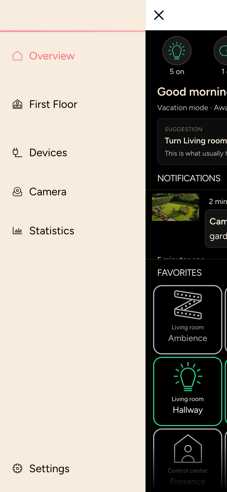 Open app menu with Overview, First Floor, Devices, Camera, Statistics and Settings
