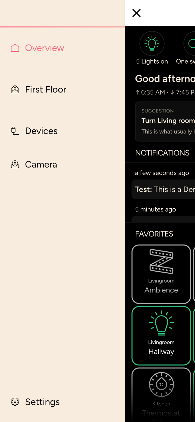 Open app menu with Overview, First Floor, Devices, Camera and Settings