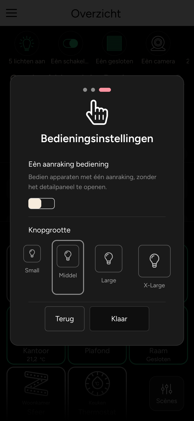 Introductie, stap 3: bedieningsinstellingen met bediening met één aanraking en knopgrootte