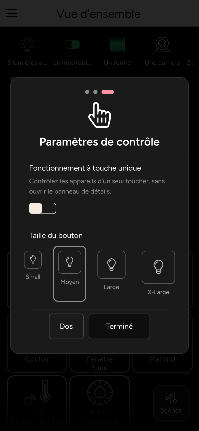 Introduction, étape 3 : Paramètres de contrôle avec Fonctionnement à touche unique et Taille du bouton