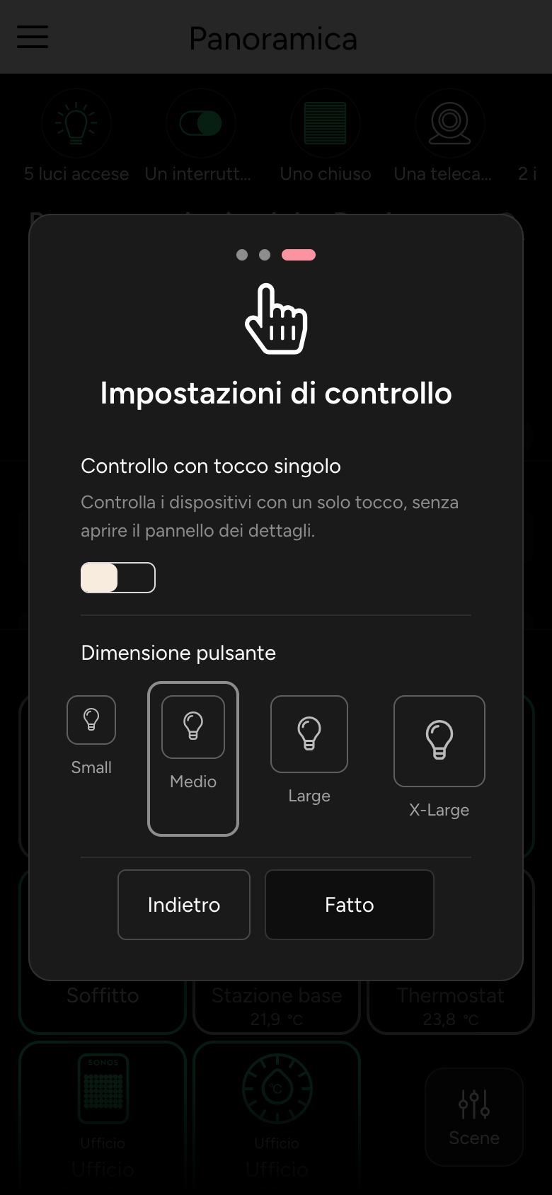 Introduzione, passo 3: impostazioni di controllo con controllo con tocco singolo e dimensione pulsante