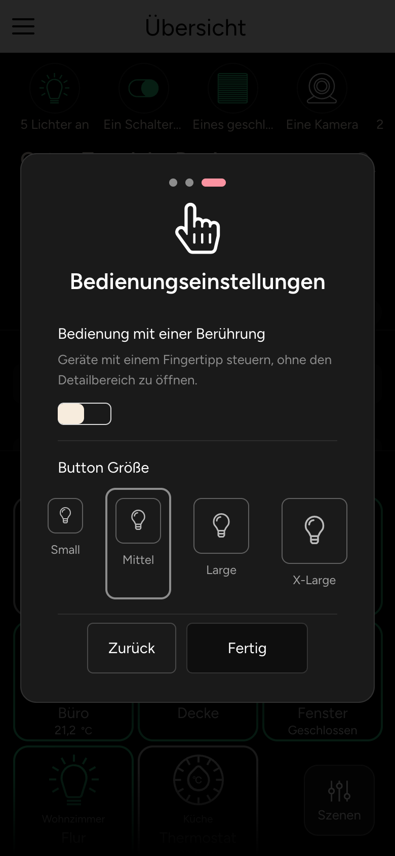 Einführung, Schritt 3: Bedienungseinstellungen mit Bedienung mit einer Berührung und Button-Größe