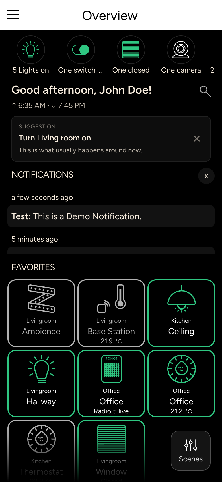 Overview with status bar, greeting, suggestion, notifications and favorites