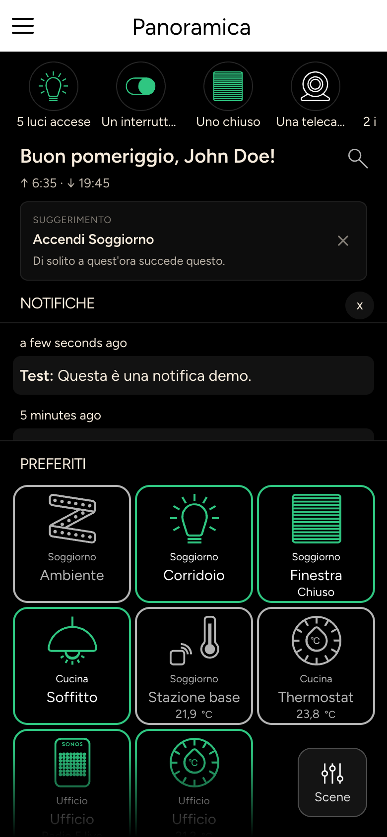Panoramica con barra di stato, saluto, suggerimento, notifiche e preferiti