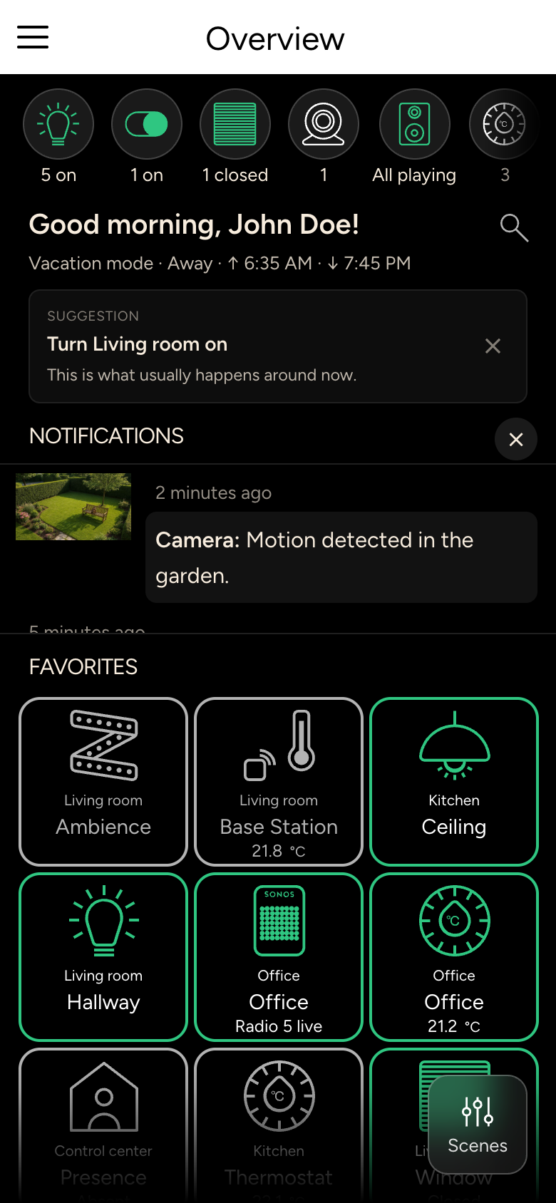 Overview with status bar, greeting, suggestion, notifications and favorites