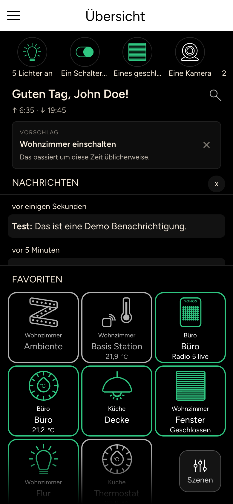Übersicht mit Statusleiste, Begrüßung, Vorschlag, Nachrichten und Favoriten