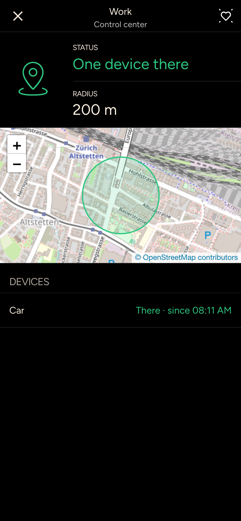 Place Work with the status one device there, radius 200 m, map and list of devices