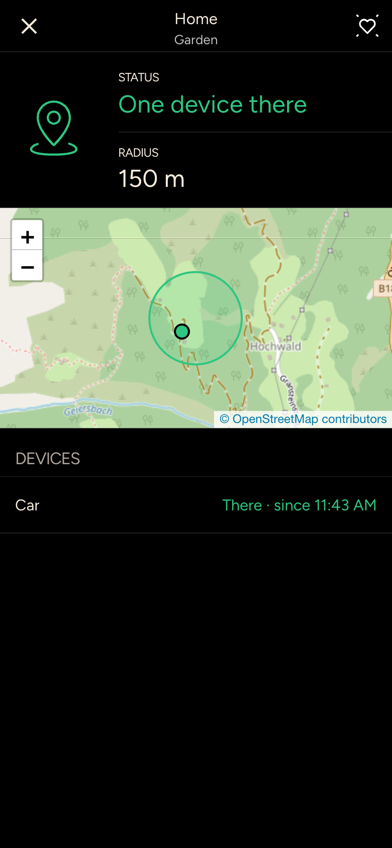 Place Home with the status one device there, radius 150 m, map and list of devices