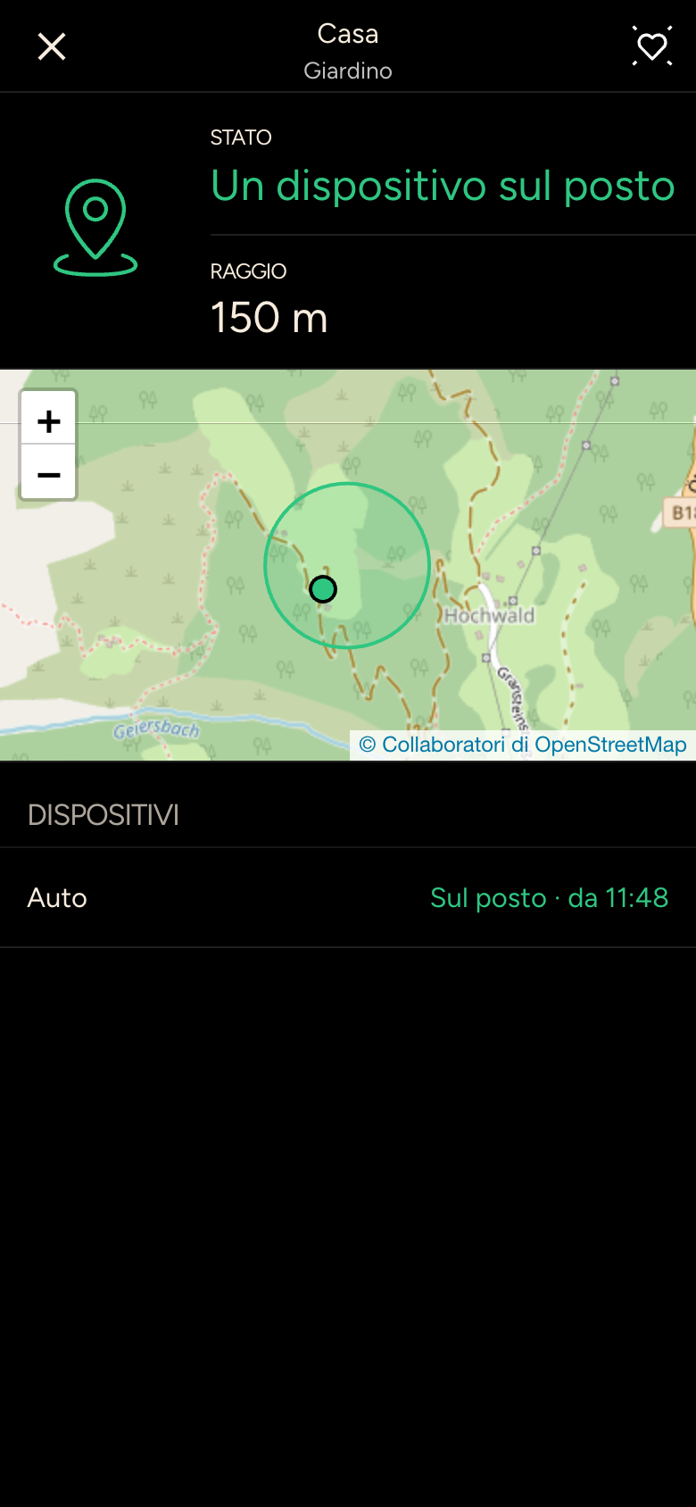 Luogo Casa con stato Un dispositivo sul posto, raggio 150 m, mappa ed elenco dei dispositivi