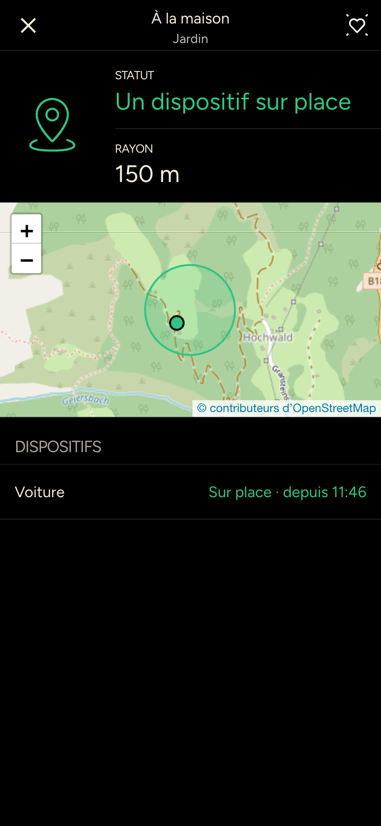 Lieu À la maison avec l'état Un dispositif sur place, rayon de 150 m, carte et liste des appareils