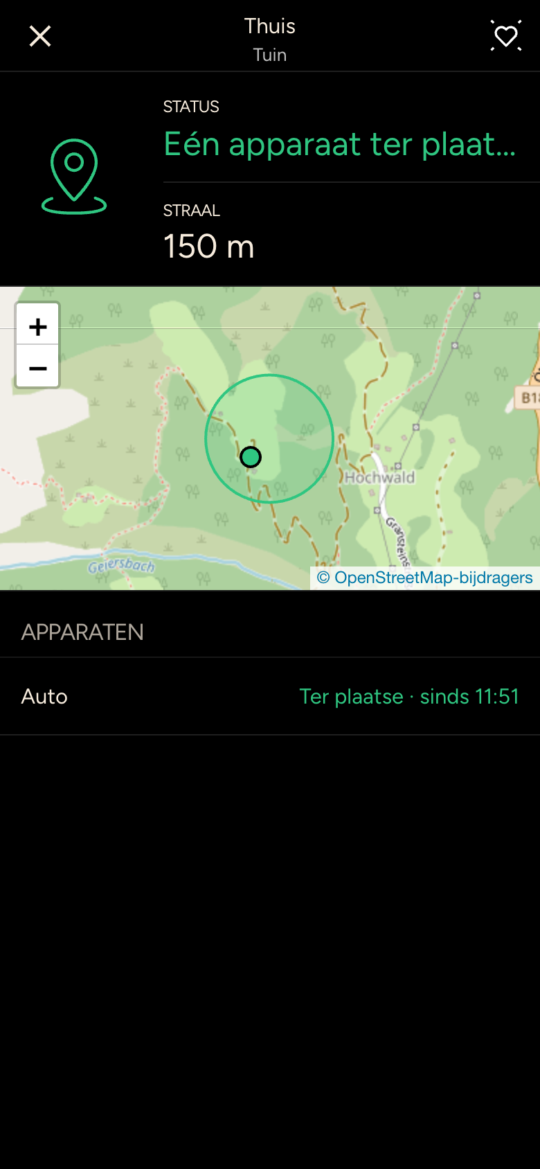 Locatie Thuis met status Eén apparaat ter plaatse, straal 150 m, kaart en lijst met apparaten
