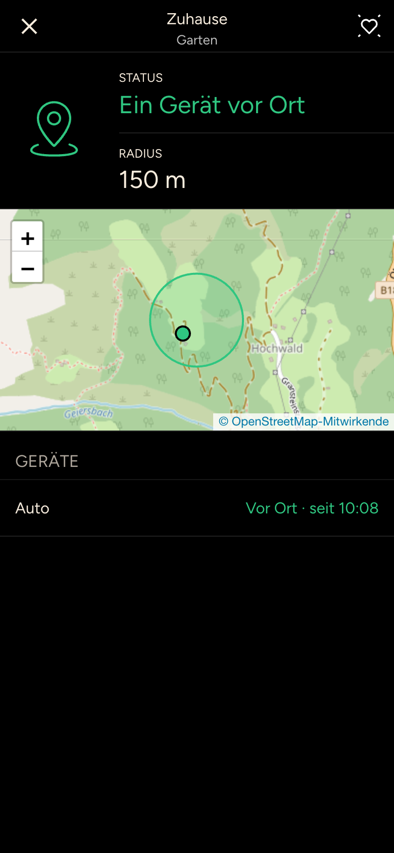 Ort Zuhause mit Status Ein Gerät vor Ort, Radius 150 m, Karte und Liste der Geräte