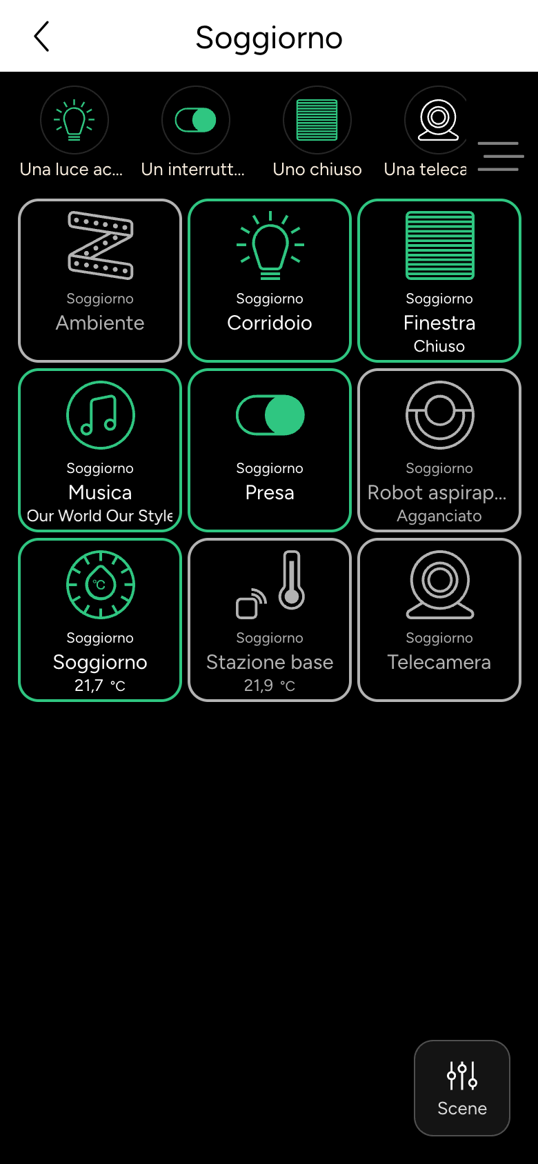 Stanza Soggiorno con i riquadri dei dispositivi