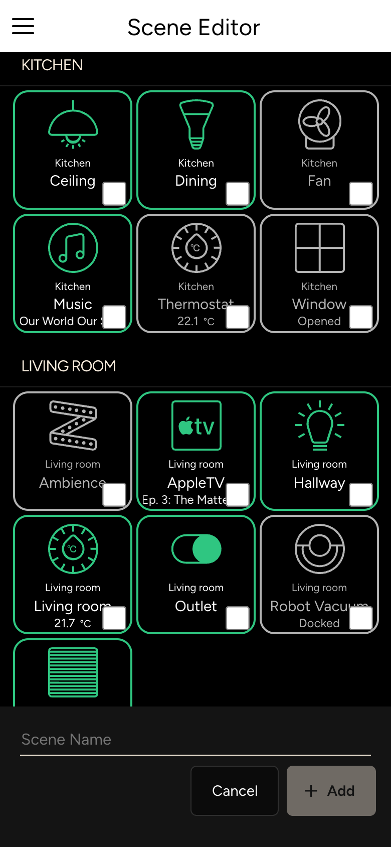 Scene Editor with devices by room, the Scene Name field and the Add button