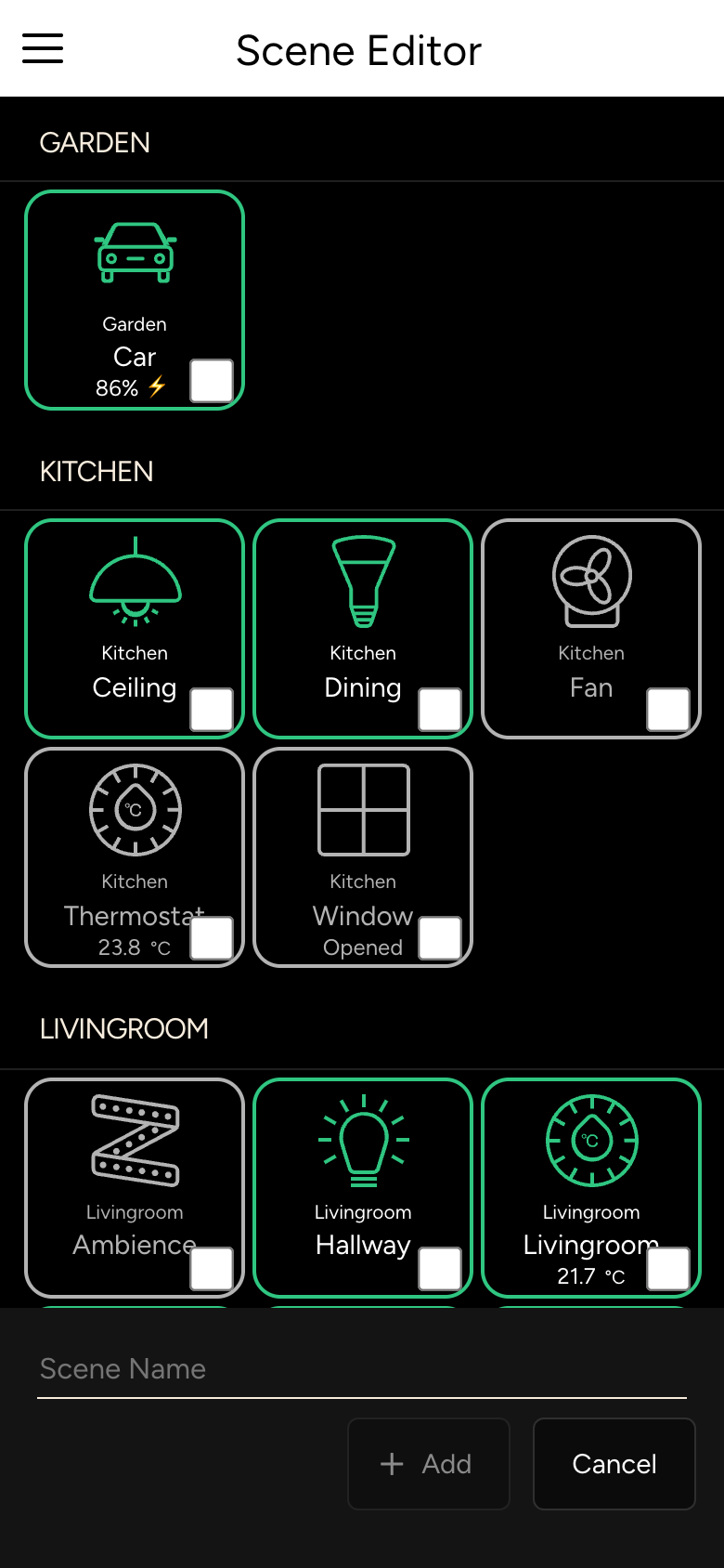 Scene Editor with devices by room, the Scene Name field and the Add button