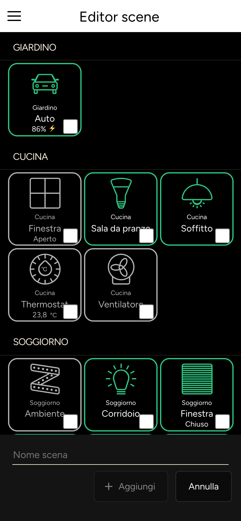 Editor scene con dispositivi per stanza, campo Nome scena e pulsante Aggiungi