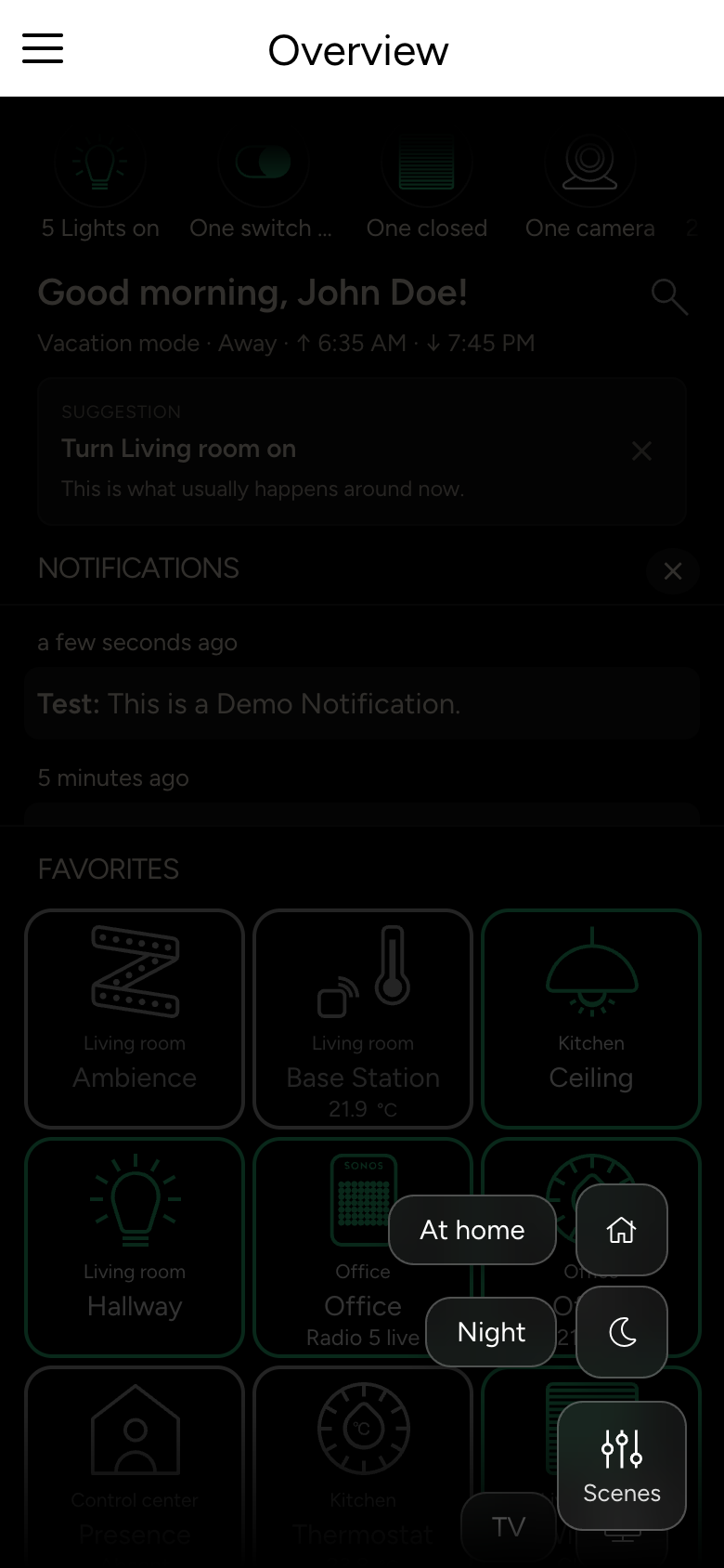 Open scene list with At home, Night and TV