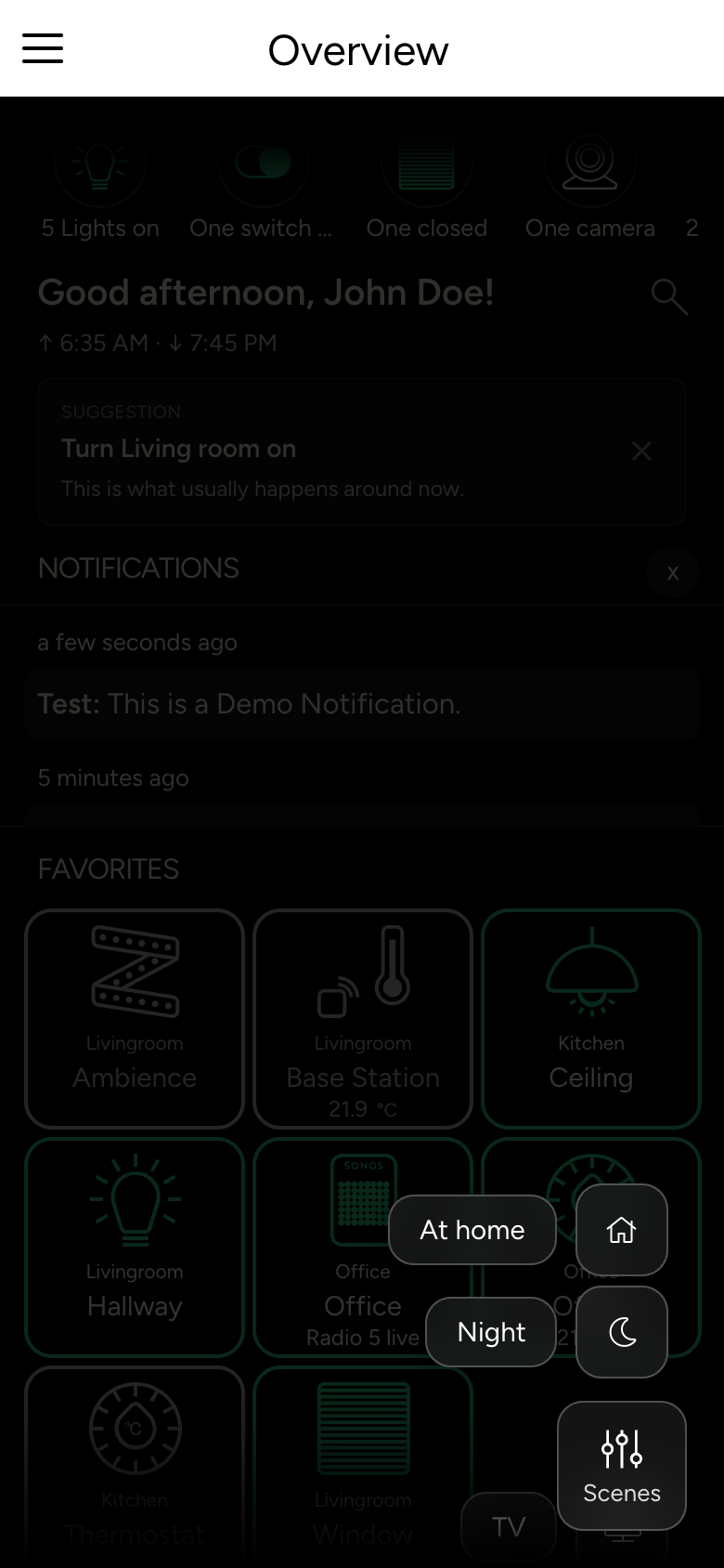 Open scene list with At home, Night and TV