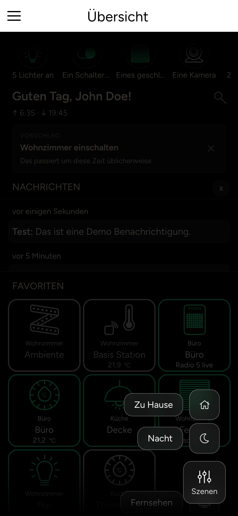 Geöffnete Szenenliste mit Zu Hause, Nacht und Fernsehen