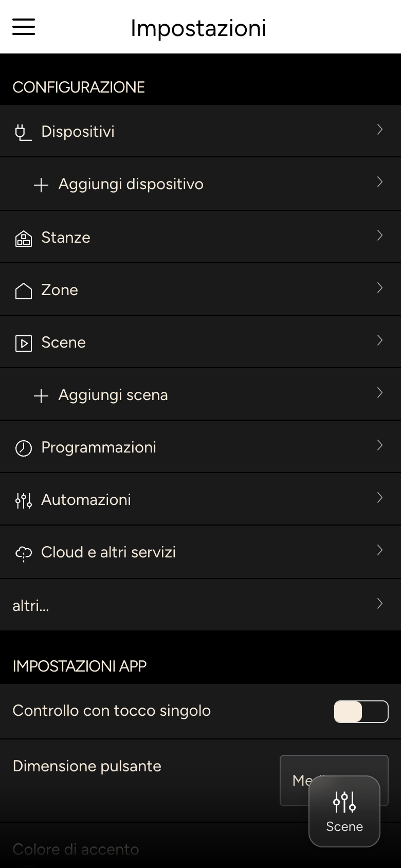 Impostazioni con le sezioni Configurazione e Impostazioni app