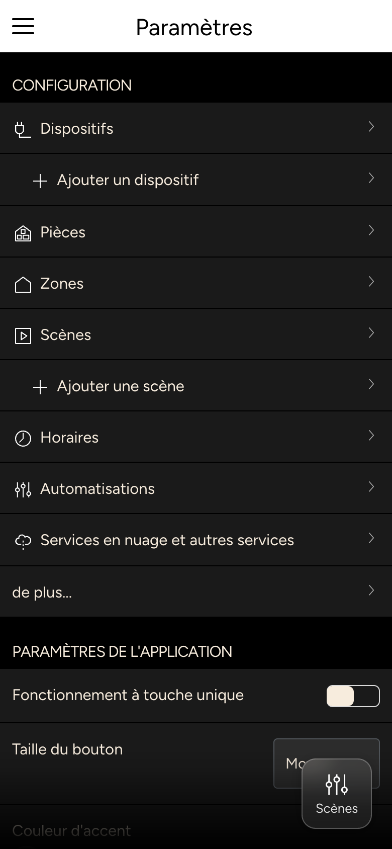 Paramètres avec les sections Configuration et Paramètres de l'application