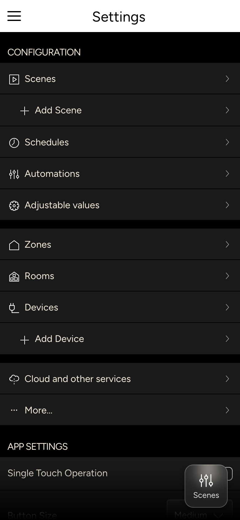 Settings with the sections Configuration and App Settings