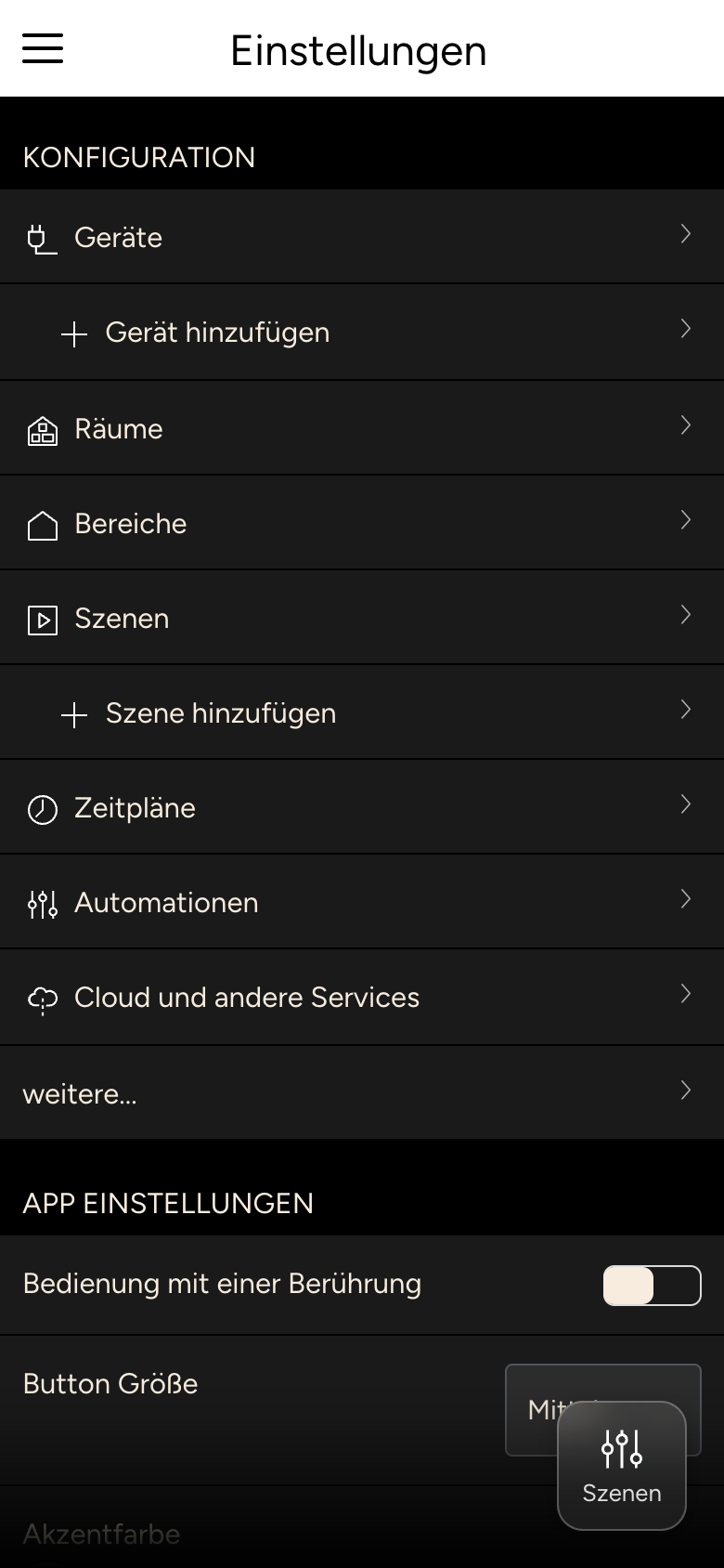 Einstellungen mit den Abschnitten Konfiguration und App Einstellungen