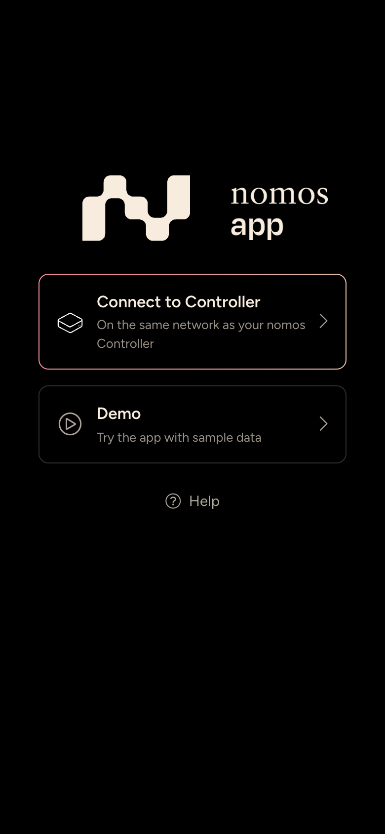 Start screen of the nomos system app with the buttons Connect to Controller and Demo, each with a short explanation, and the Help button