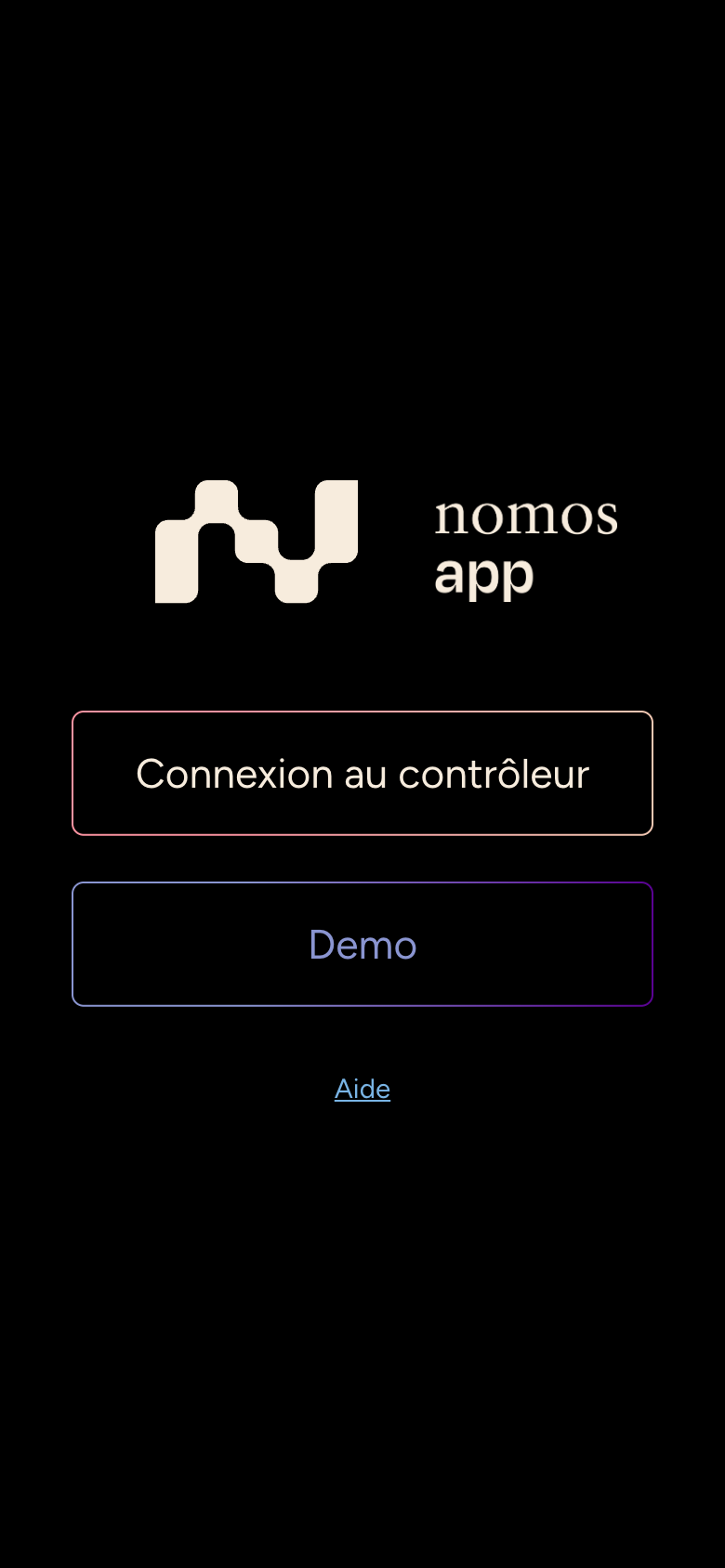 Écran d'accueil de l'application nomos system avec les boutons Connexion au contrôleur et Demo