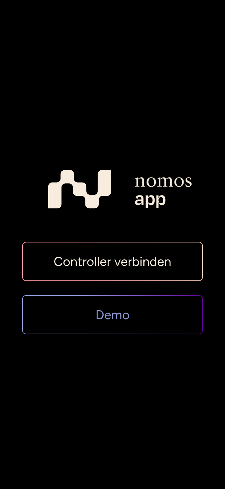 Startbildschirm der nomos system App mit den Schaltflächen Controller verbinden und Demo
