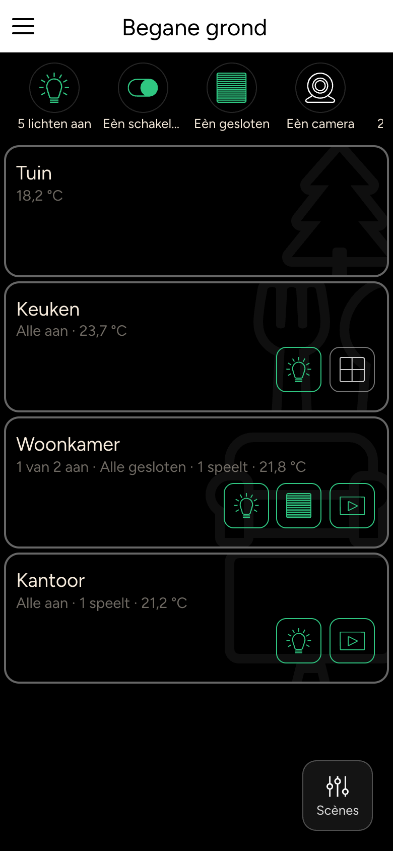Zone Begane grond met de kamers Tuin, Keuken, Woonkamer en Kantoor