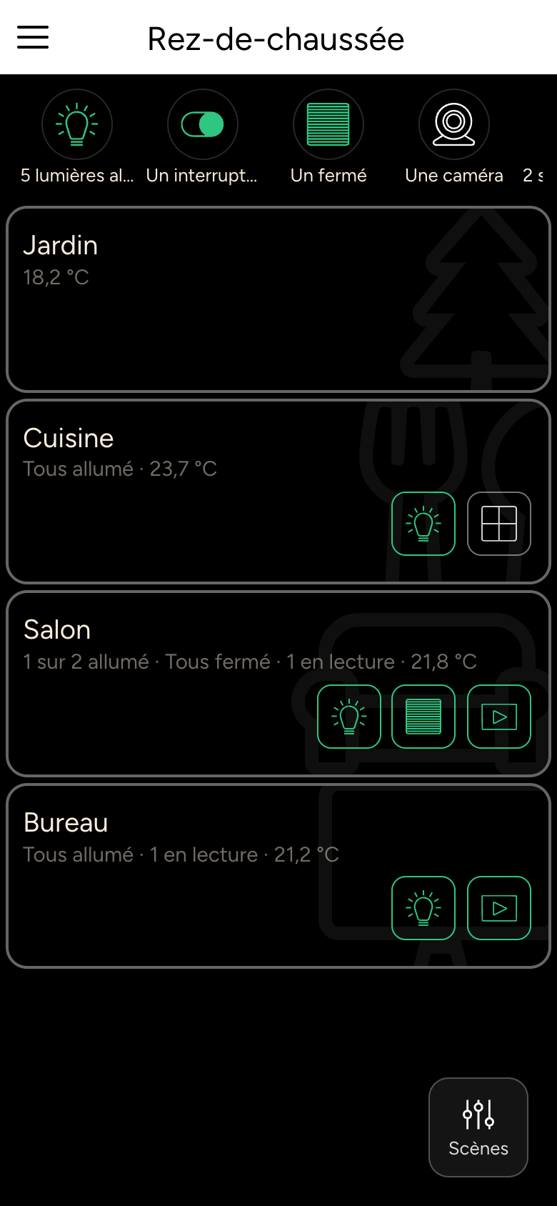 Zone Rez-de-chaussée avec les pièces Jardin, Cuisine, Salon et Bureau