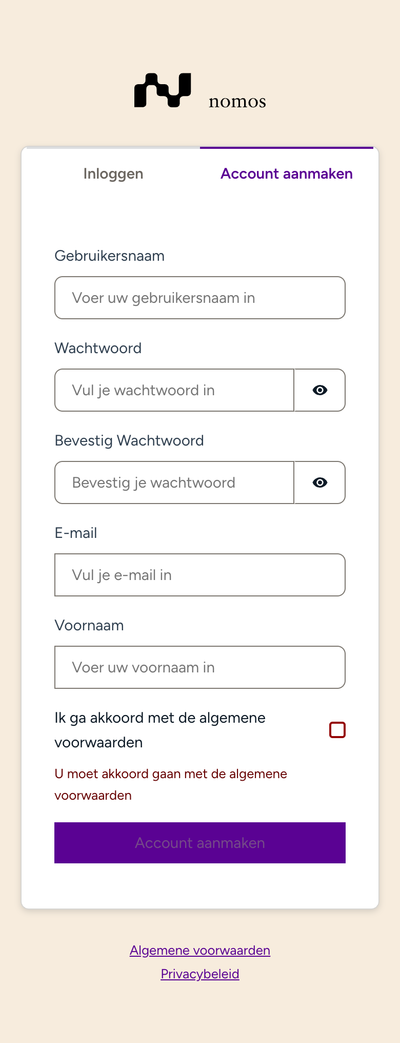 Registratie in het nomos Cloud-portaal met gebruikersnaam, wachtwoord, e-mail en voornaam