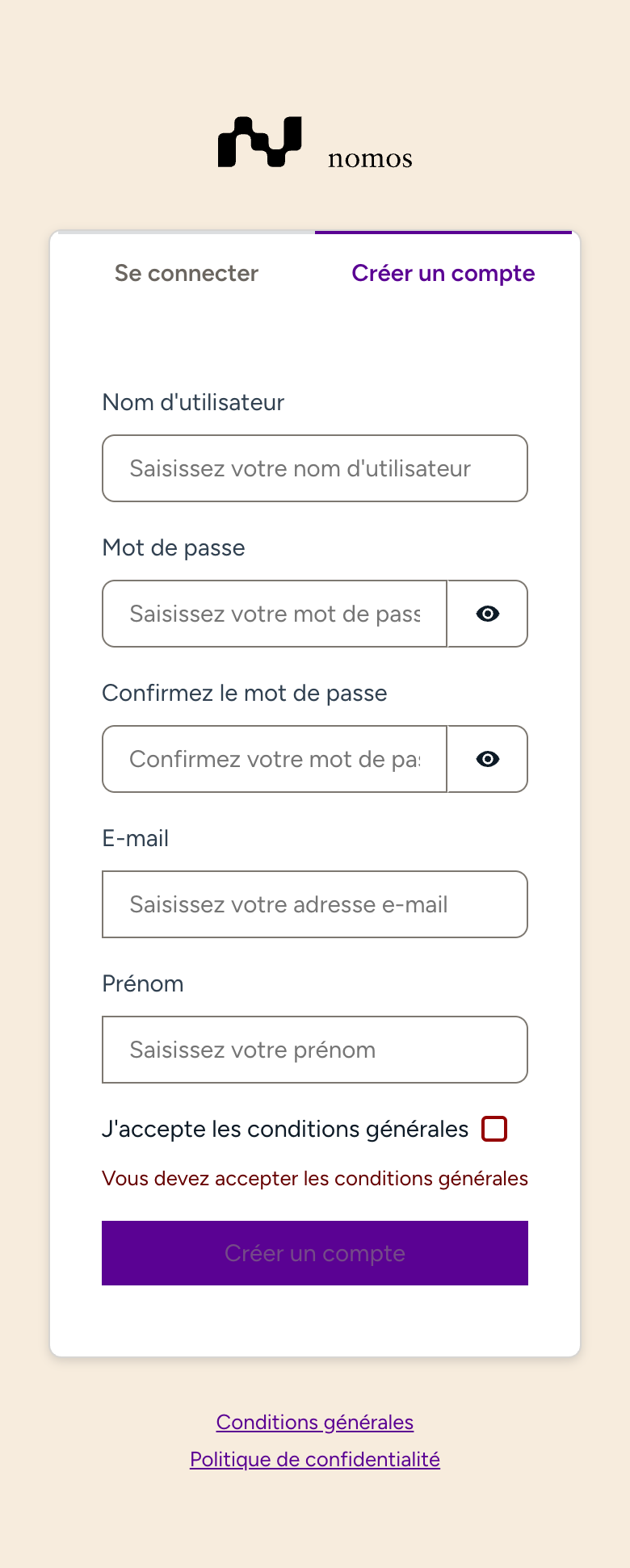 Inscription sur le portail cloud nomos avec nom d'utilisateur, mot de passe, e-mail et prénom