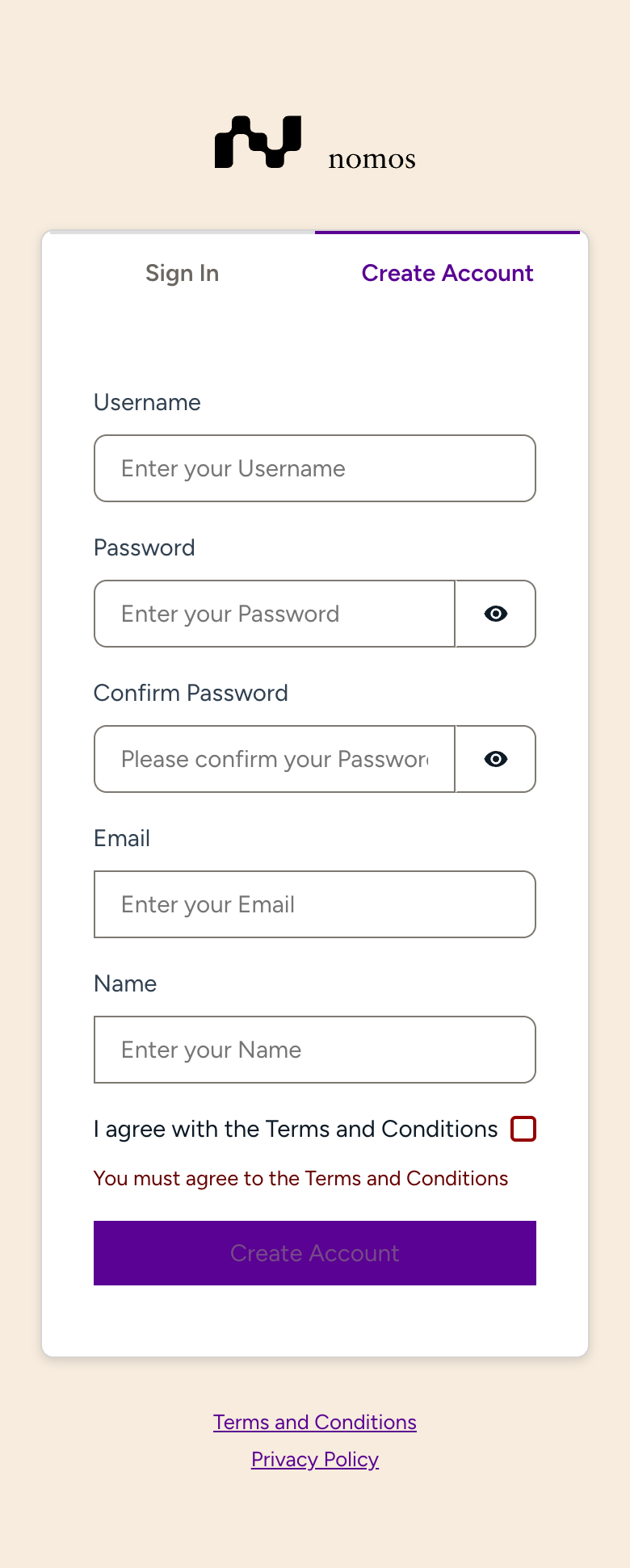 Registration in the nomos cloud portal with Username, Password, Email and Name
